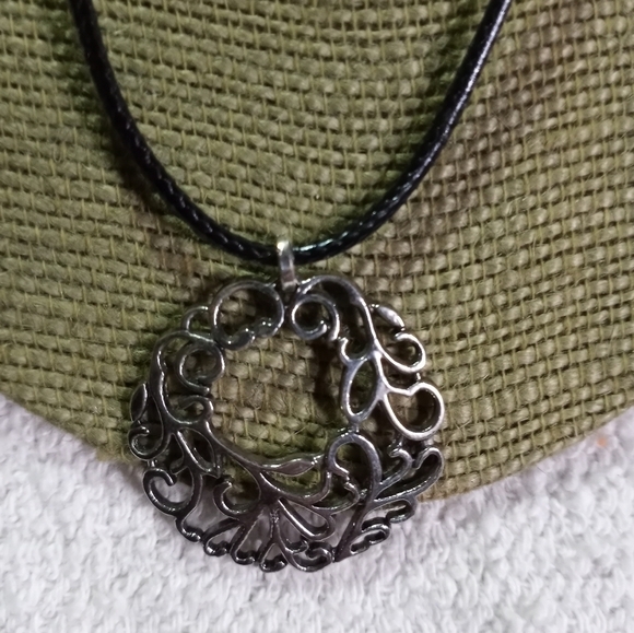 Silvertone swirl round Pendant on black cord necklace - Picture 5 of 5